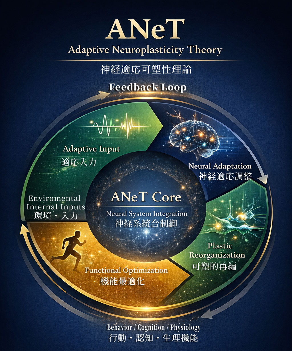 ANeT (Adaptive Neuroplasticity Theory) framework diagram showing Adaptive Input, Neural Adaptation, Plasticity-based Reorganization, Functional Optimization, and ANeT Core (Neural System Integration).